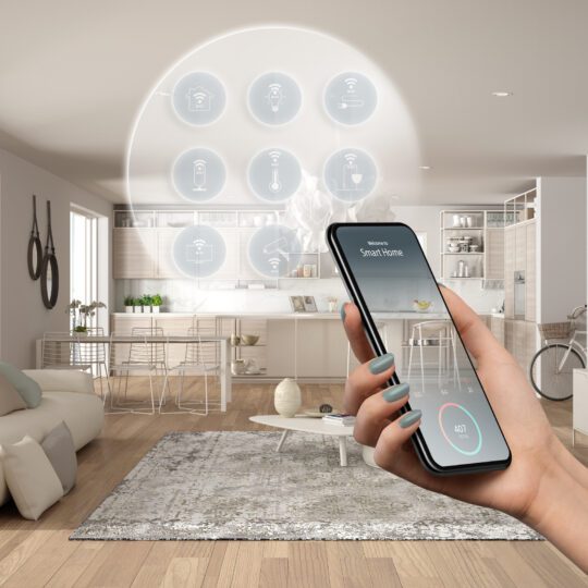 Smart home technology interface on phone app, augmented reality,